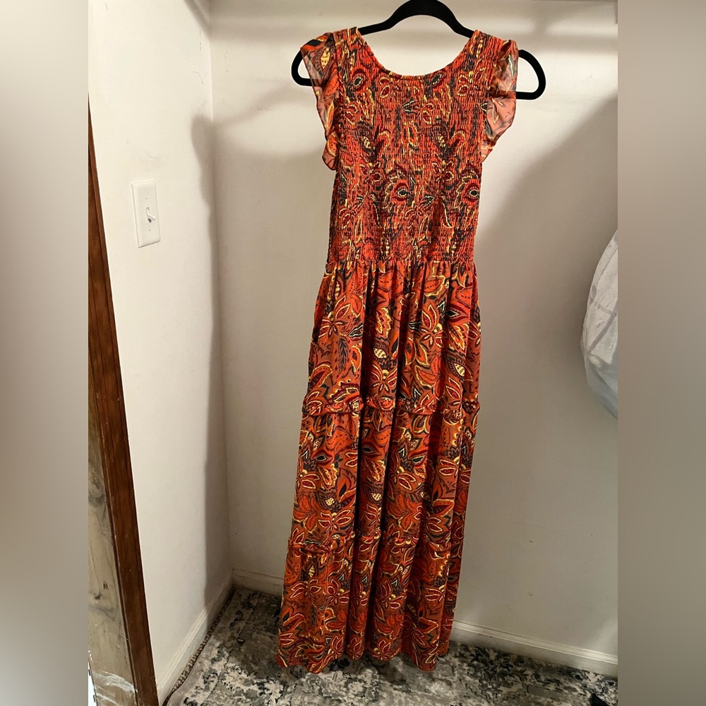 Vibrant Orange Paisley Maxi Dress